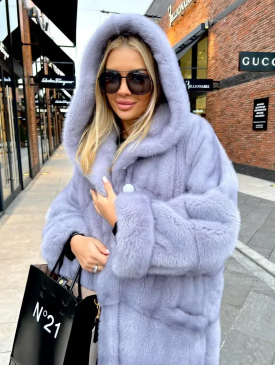 Шикарная норковая шуба с капюшоном - цвет сапфир - фото 1