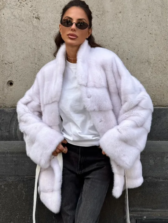 Короткая норковая шуба - цвет жемчуг - фото 6