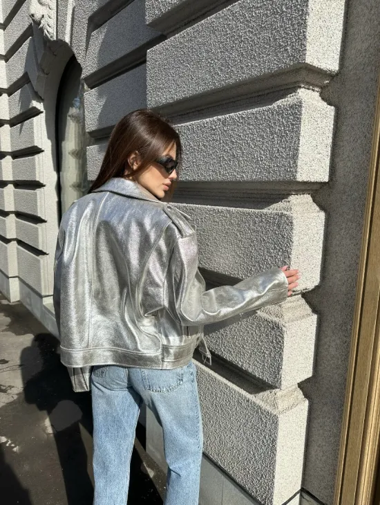 Куртка - косуха из натуральной кожи цвет серебристый - фото 7