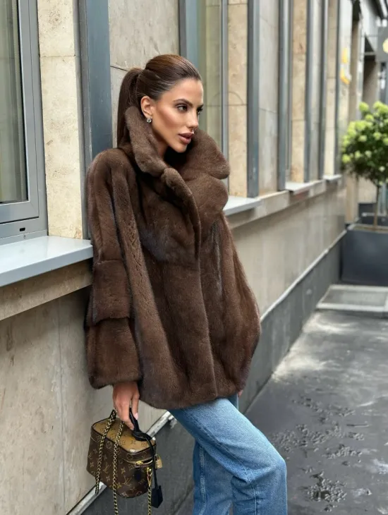 Норковый полушубок с английским воротником - цвет орех - фото 10