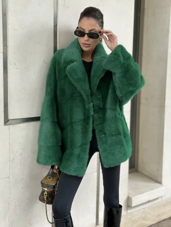 Куртка из норки с английским воротником - цвет изумруд - фото 1