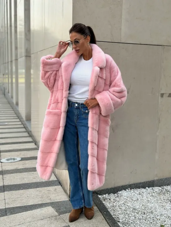 Шуба из плюшевой норки Velvet - цвет светло-розовый - фото 1