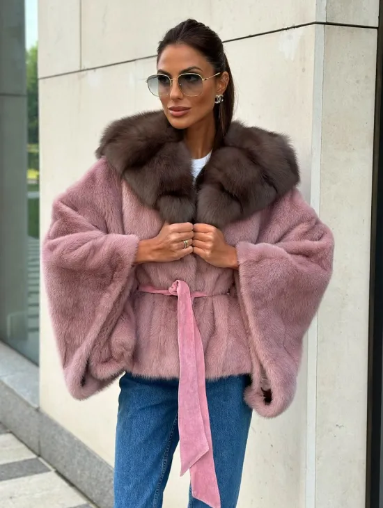 Пудра летучка из меха норки, капюшон куница - фото 2