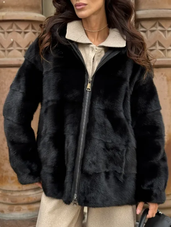 Черная норковая шуба с капюшоном - фото 1