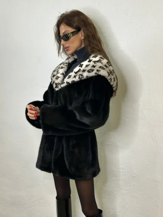 Черная норковая шуба, капюшон с принтом Louis Vuitton - фото 4