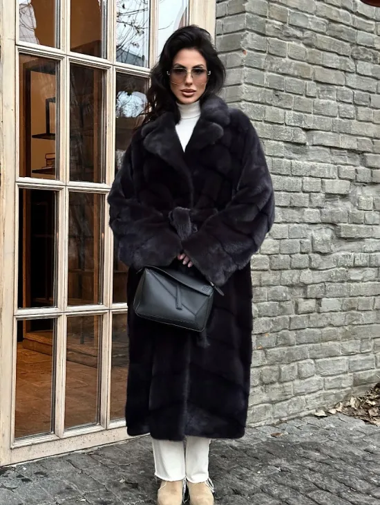 Шуба Халат из меха норки с английским воротником - цвет темный графит - фото 4