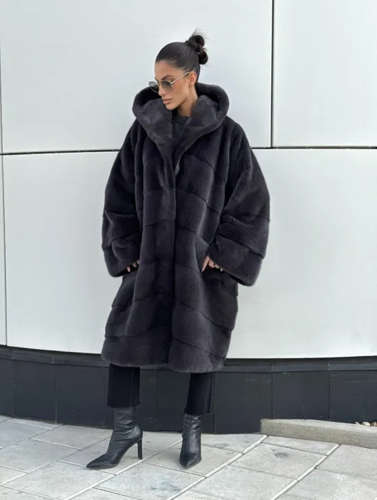 Норковая шуба паркет с капюшоном - цвет блю ирис - фото 5