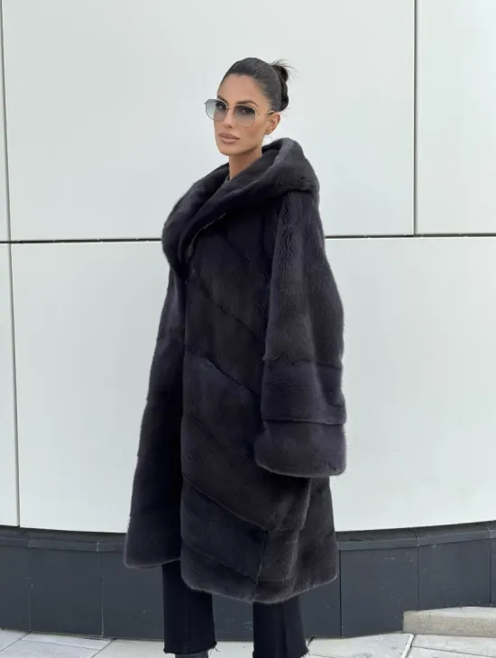 Норковая шуба паркет с капюшоном - цвет блю ирис - фото 4