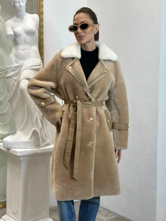 Дубленка из овчины с белым мехом норки - цвет бежевый - фото 0