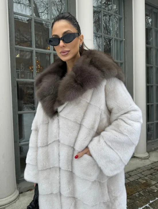 Норковое кимоно с капюшоном из меха куницы - цвет жемчуг - фото 1