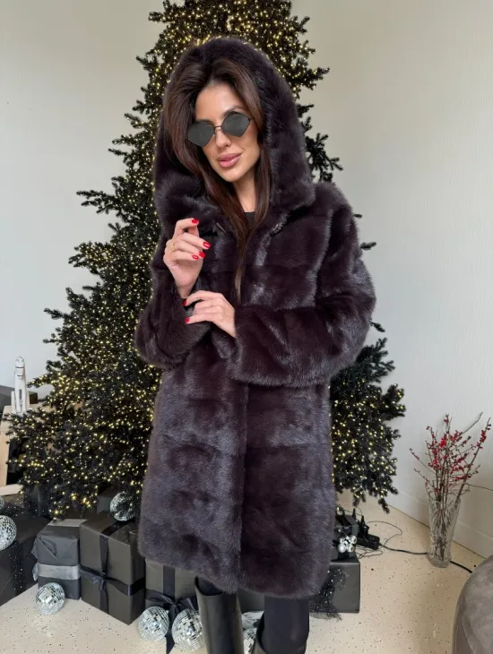 Норковая шуба с капюшоном, поперечка - цвет инжир - фото 1