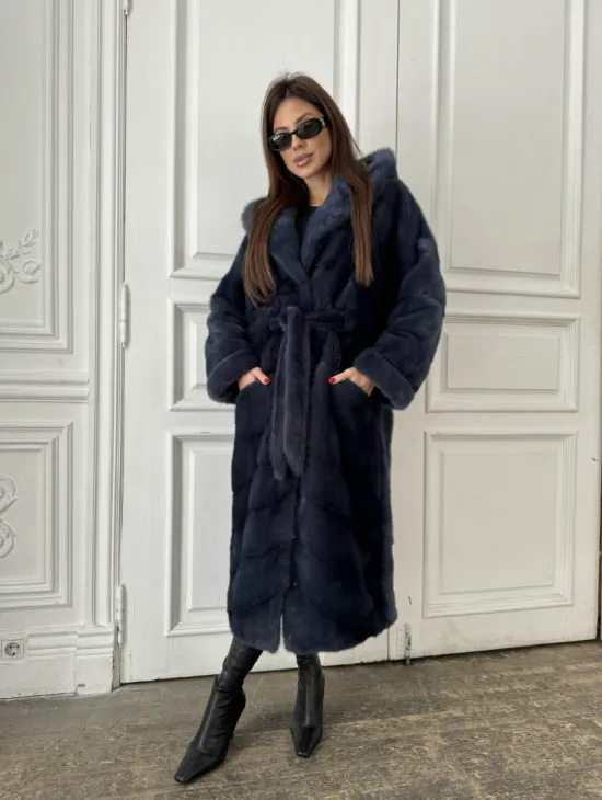 Норковая шуба с капюшоном под пояс - цвет темно-синий - фото 1
