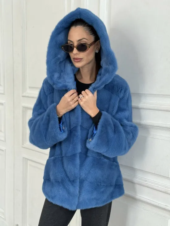 Норковый полушубок с капюшоном, паркет - цвет васильковый - фото 1