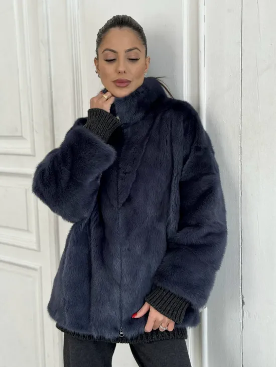 Короткая норковая шуба на молнии, стойка воротник - цвет черника - фото 1