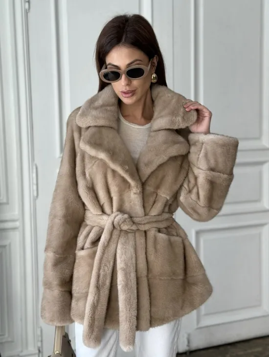 Норковый полушубок английский воротник мех NAFA - цвет пастель - фото 3